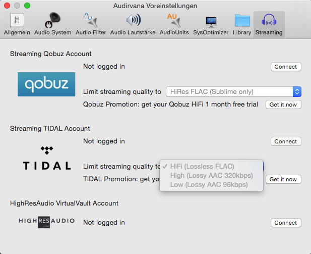 Auswahl an Bord: Neben Tidal kann Audirvana Plus 2 auch Streams von qobuz und HighResAudio wiedergeben.