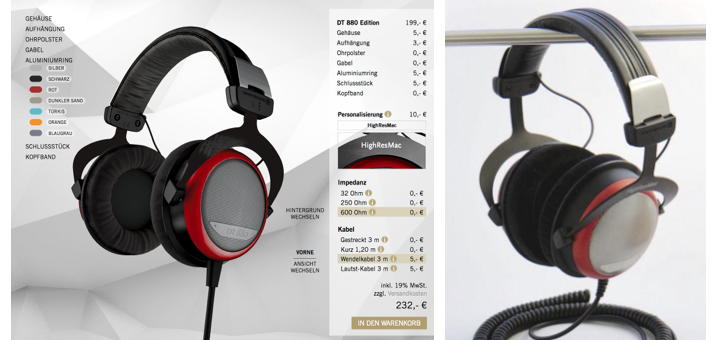 Manufaktur (links) und Realität (rechts): Der Online-Konfigurator der beyerdynamic Website vermittelt ein gutes Bild des zu erwartenden Ergebnisses