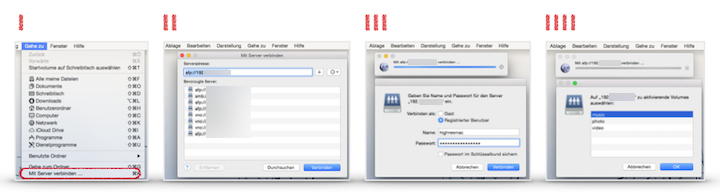 NAS am Mac mounten ist ganz einfach und erfolgt in vier Schritten (klicken für großes Bild)