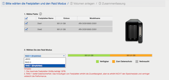 Drei RAID-Modi, aber nur einer ist unter dem Aspekt der Datensicherheit sinnvoll: RAID-1. Bei NAS mit mehr Schächten fiele die Wahl auf RAID-5.