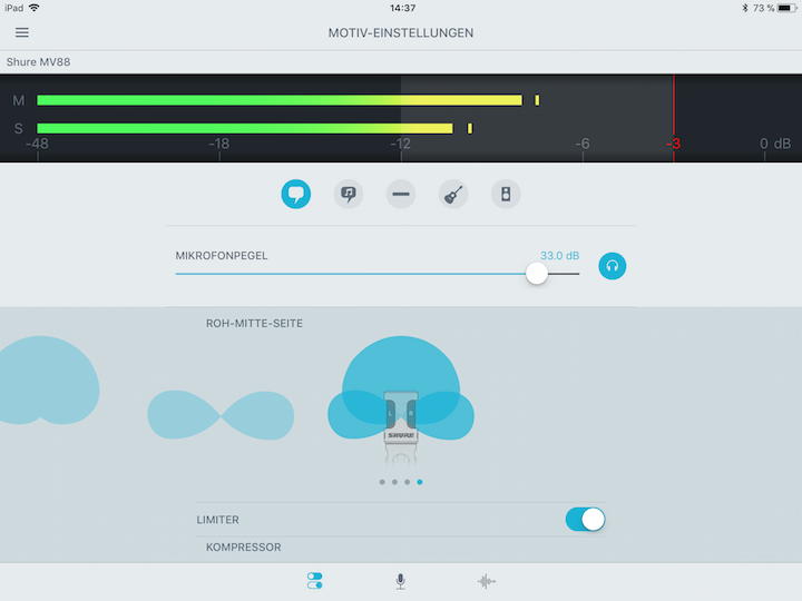 Software als Zubehör: Mit der kostenlosen Motiv Mobile Recording App aus dem Appstore können diverse Parameter des Mikrofons beeinflusst werden